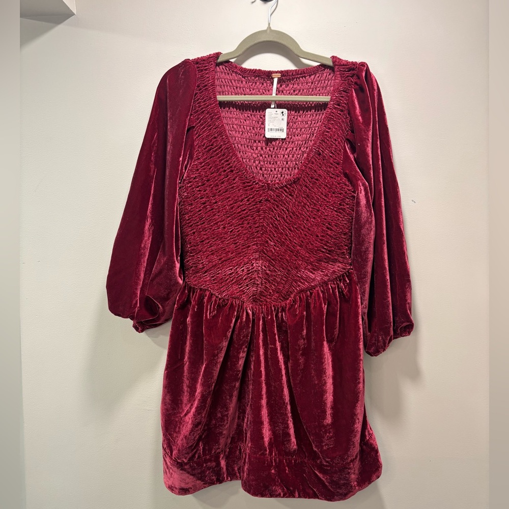 FP Velvet Burgundy Smocked V-Neck Women's Dress